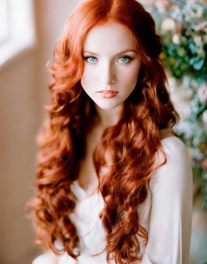 Portrait of a person with long curly red hair and striking blue eyes