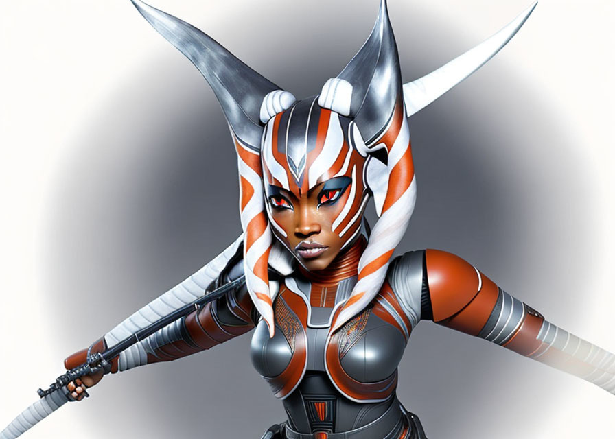 Female character with white and blue face paint, silver headpiece, dual lightsabers