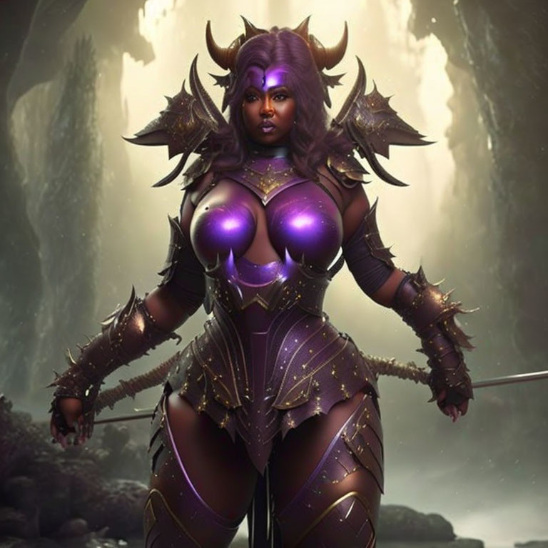 Fantasy armored female character with purple skin and glowing accents