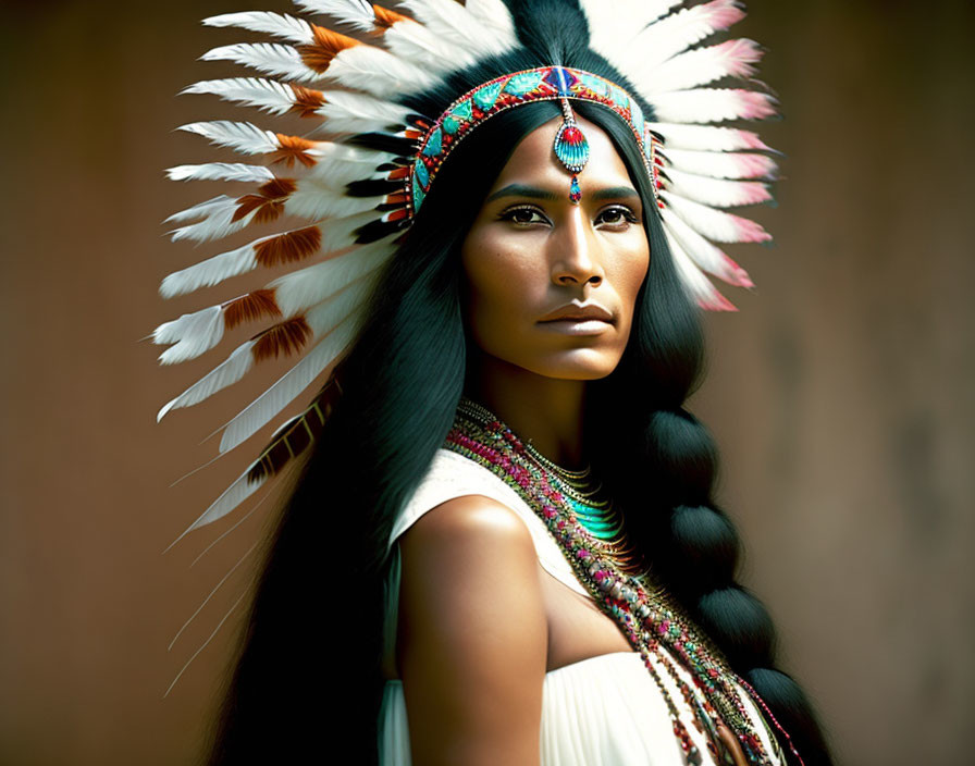 Person in Native American headdress with feathers and beads gazing intently