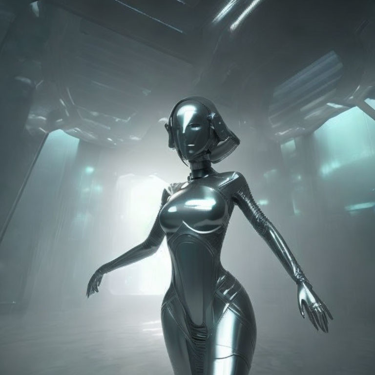 Reflective metallic female robot in futuristic high-tech environment