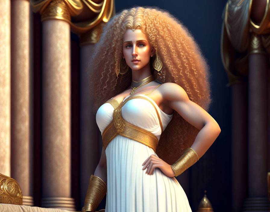 Blonde woman in Greek-style dress with gold accessories in temple scene