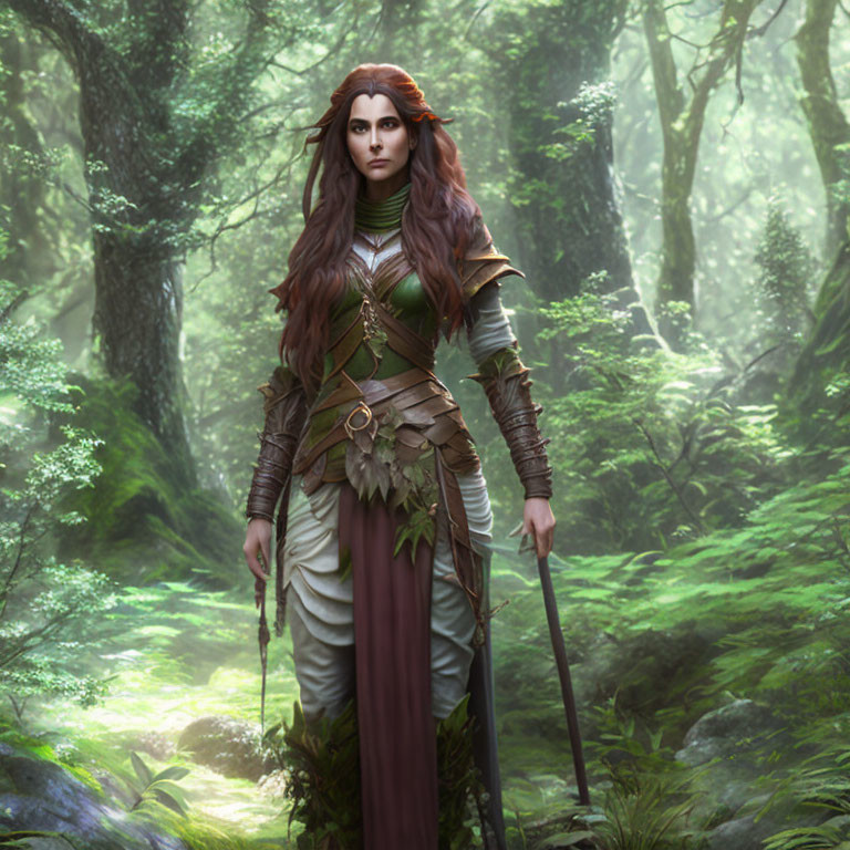 Woman in green and brown armor with staff in mystical forest