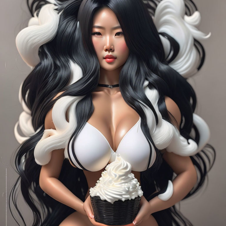 Digital illustration: Woman with black and white hair, white bikini top, holding cupcake.