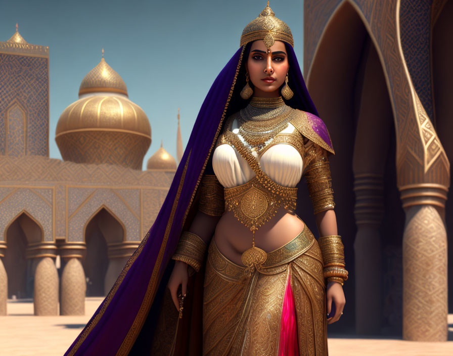 Regal woman in traditional attire with gold jewelry in 3D animation