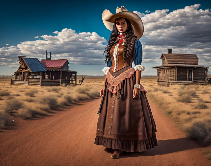 Cowboy hat woman in long brown dress on dusty road with old buildings.