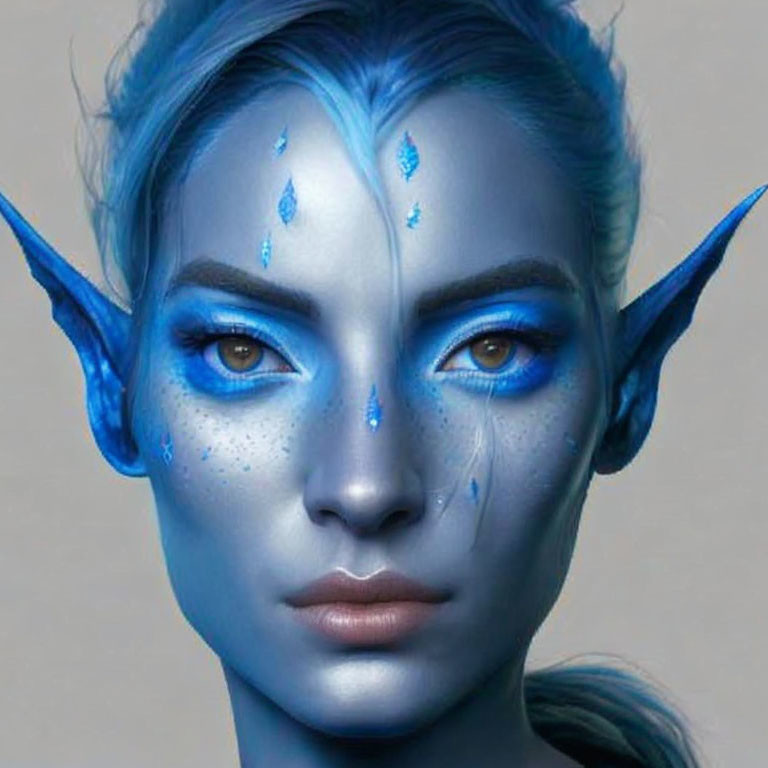 Person with Blue Fantasy Makeup and Pointed Ears: Mystical and Elf-Like Appearance