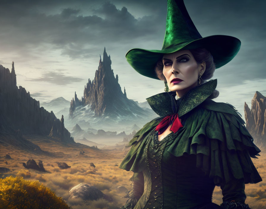 Woman in green witch costume with pointed hat in front of rocky landscape and dark castle