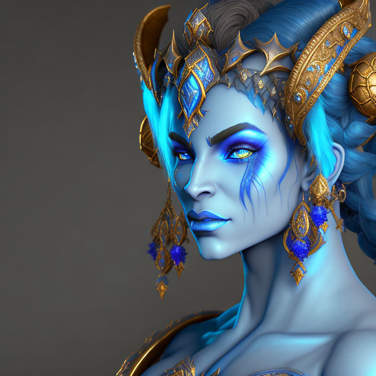 Fantasy character with blue skin and golden headdress