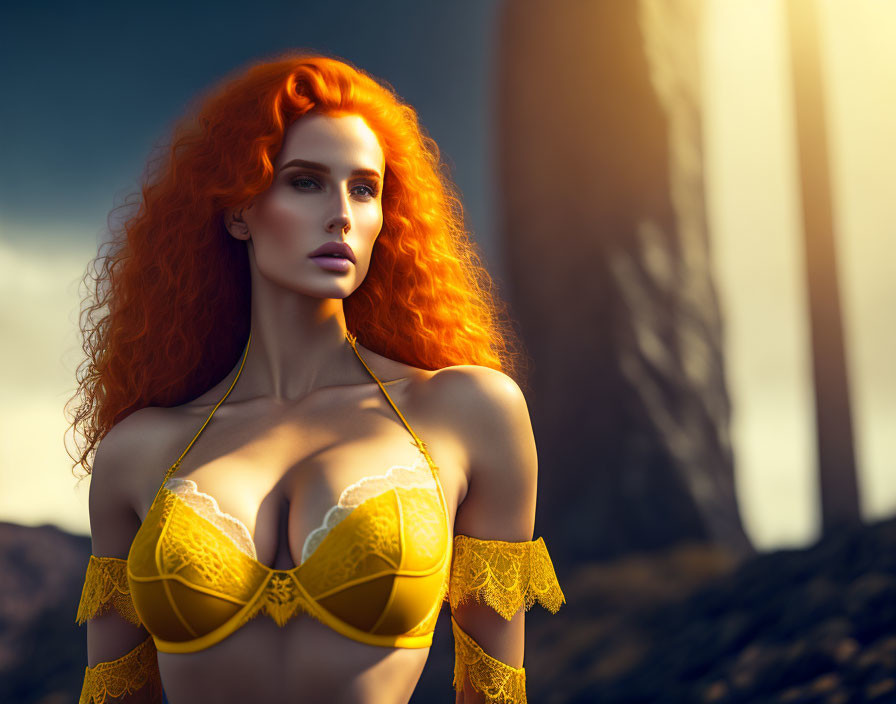 Vibrant red-haired woman in yellow bikini under dramatic sky.