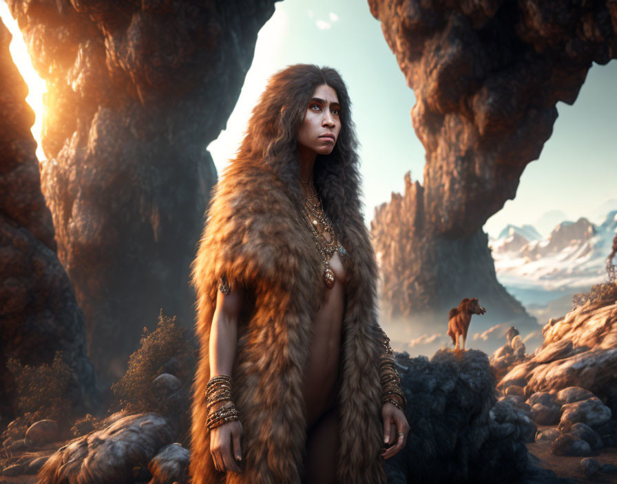 Woman in fur clothing with wolf in rugged terrain under warm sunlight