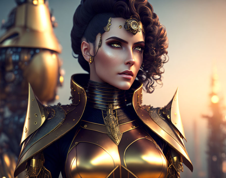 Digital artwork: Woman in stylized armor and headpiece against futuristic backdrop