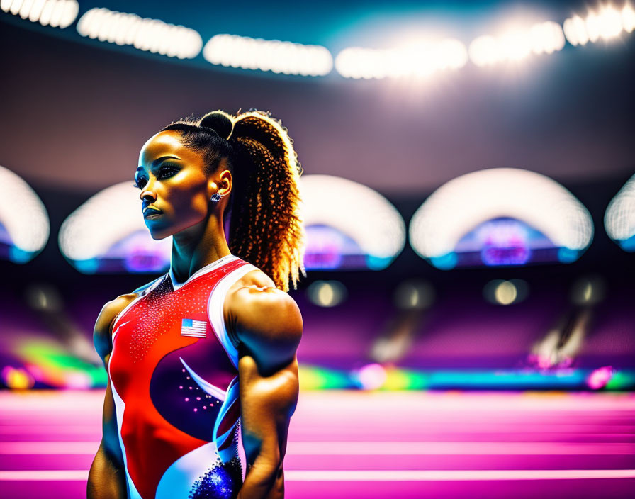 Female gymnast in USA-themed leotard under dramatic stadium lighting