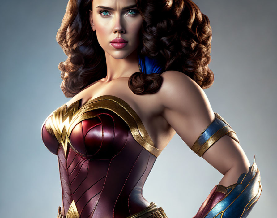 Detailed Wonder Woman costume digital art with vibrant blue eyes and curly hair