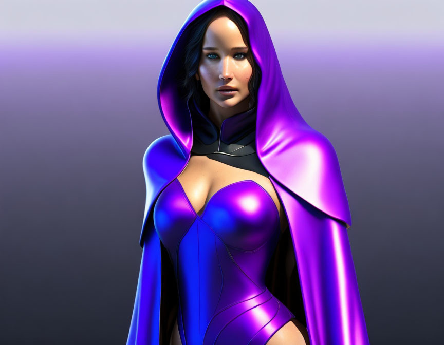 Futuristic digital artwork of a woman in purple and black suit