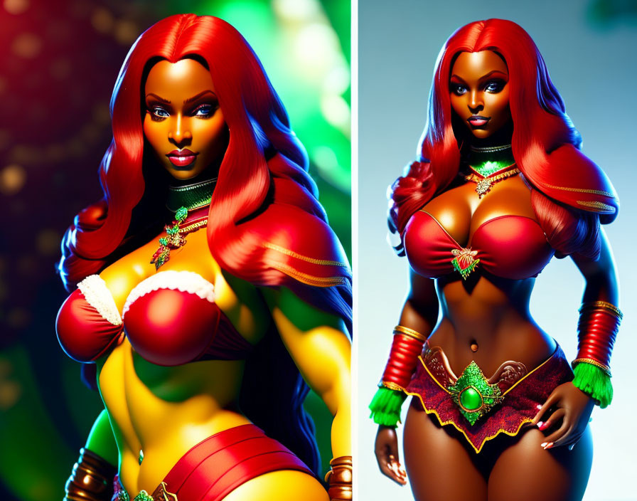 Red-Haired Superheroine in Red and Green Costume Shows Strength