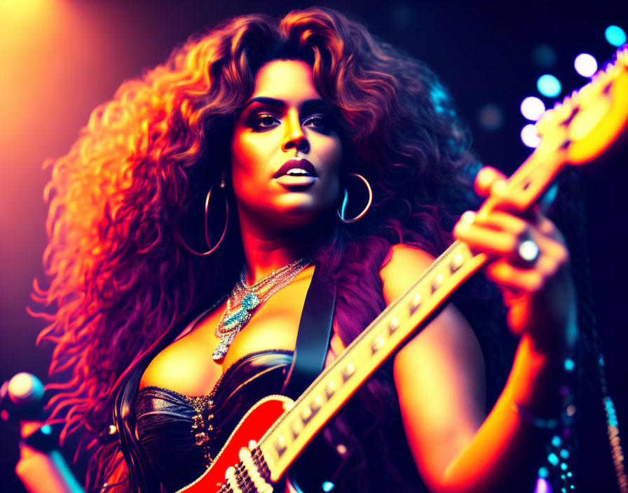 Colorful Stage Lighting Frames Woman Playing Electric Guitar