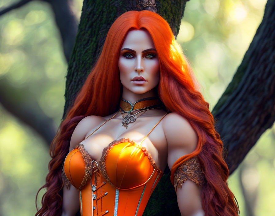 Voluminous Red Hair and Green Eyes in Ornate Orange Corset