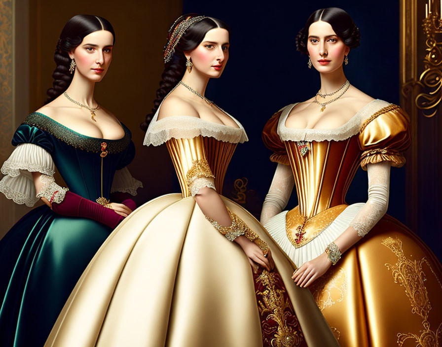 Three women in 19th-century gowns and hairstyles in a classical room