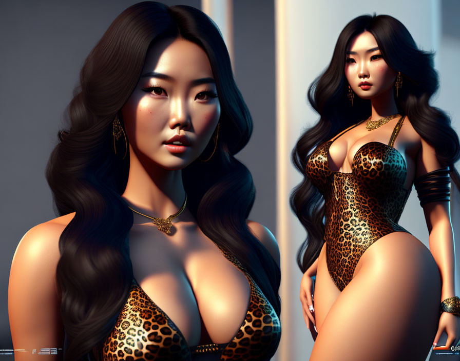 Digital art: Eastern Asian woman in leopard print outfit, posing confidently.