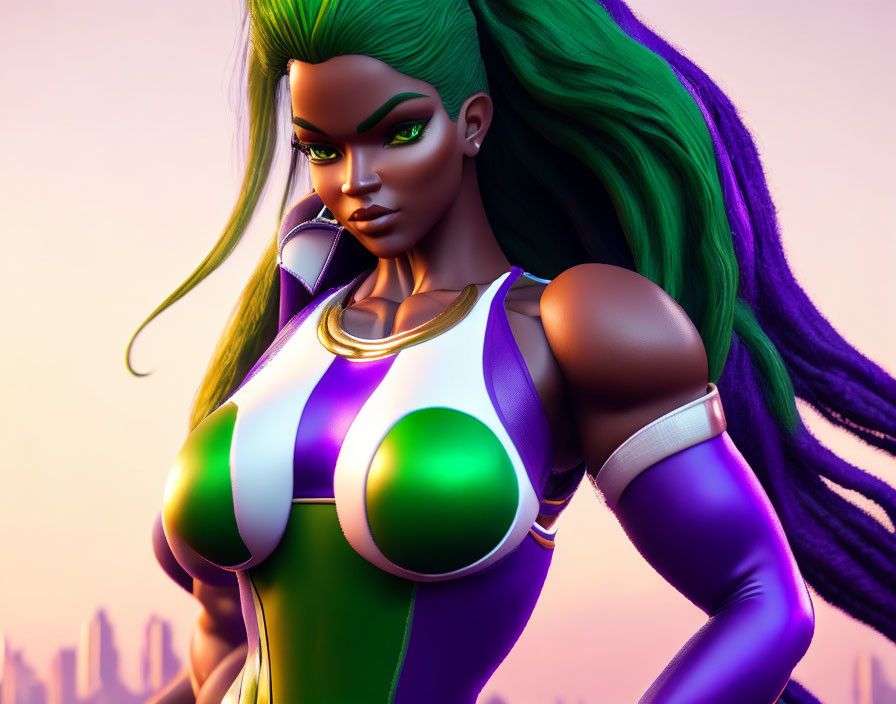 Futuristic 3D illustration of woman with green hair in white and purple outfit on orange backdrop