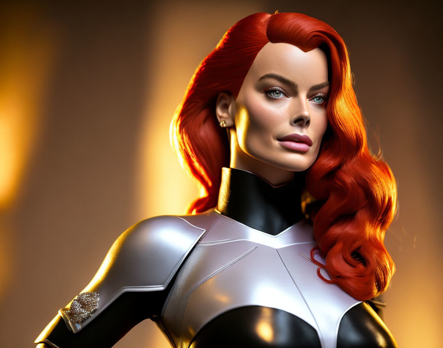 Female superhero with red hair and blue eyes in silver and black suit