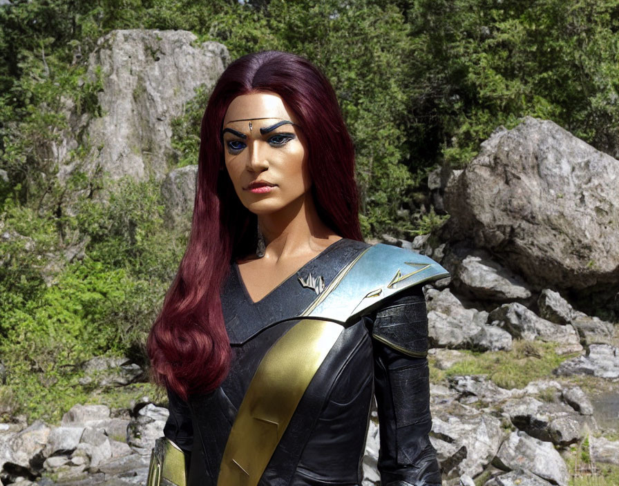 Elaborate warrior cosplay with metallic headband and red hair in forest.