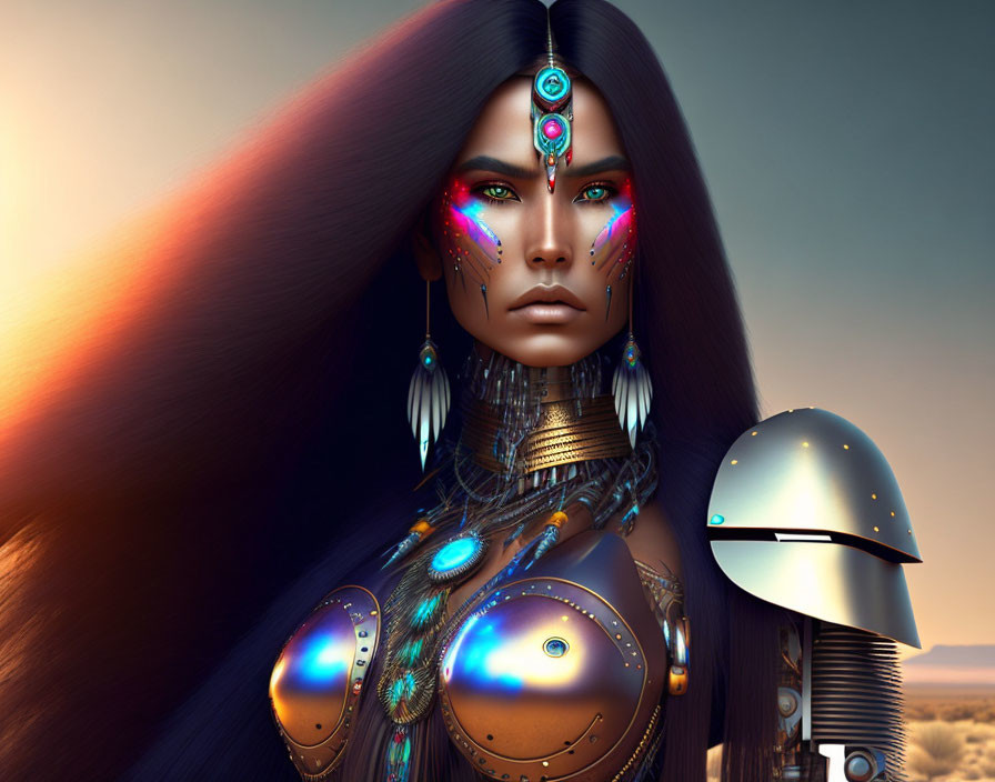 Digital Artwork: Woman in Futuristic Tribal Attire with Metallic Armor in Desert Setting