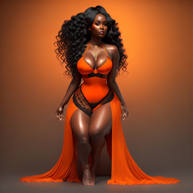 Voluminous curly hair woman in orange swimsuit on warm-toned background