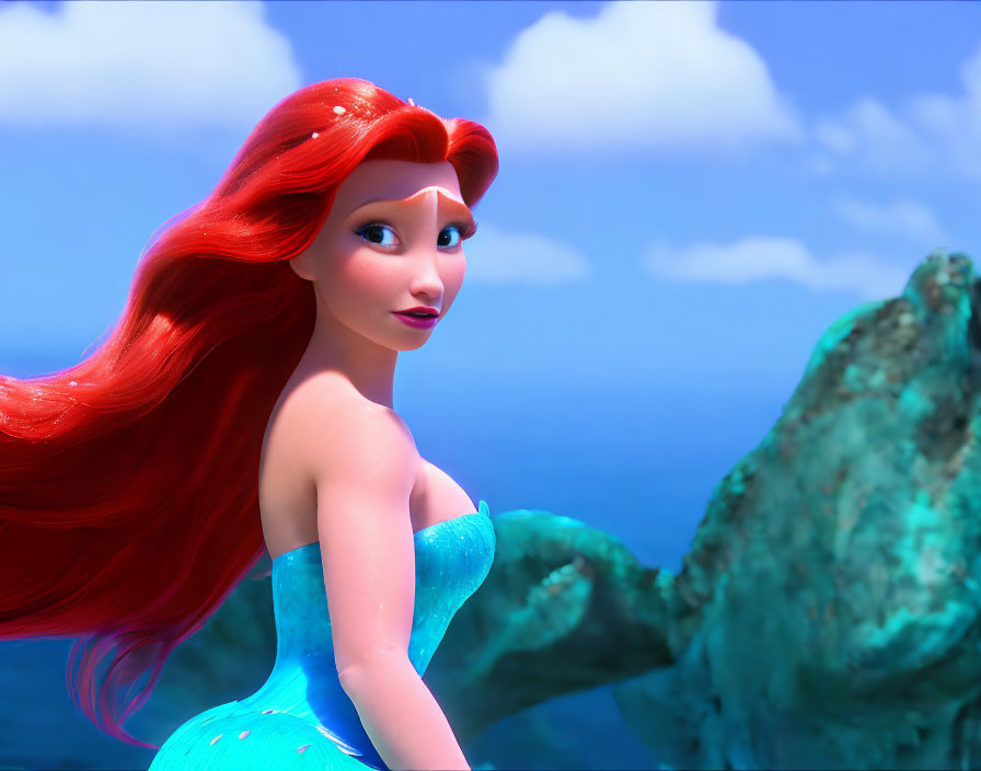 Red-haired animated character in blue dress on rock under bright blue sky