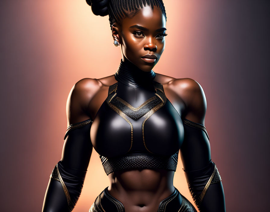 Confident Woman in Futuristic Black Armor on Gradient Brown Background