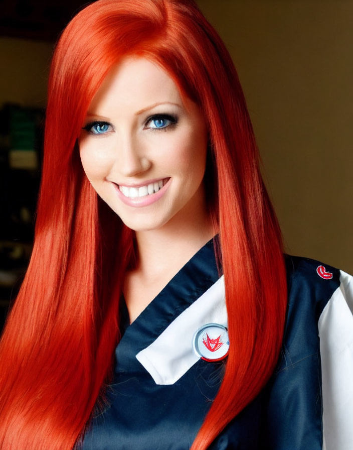 Red-haired woman in blue medical scrub with emblem - Detailed Description