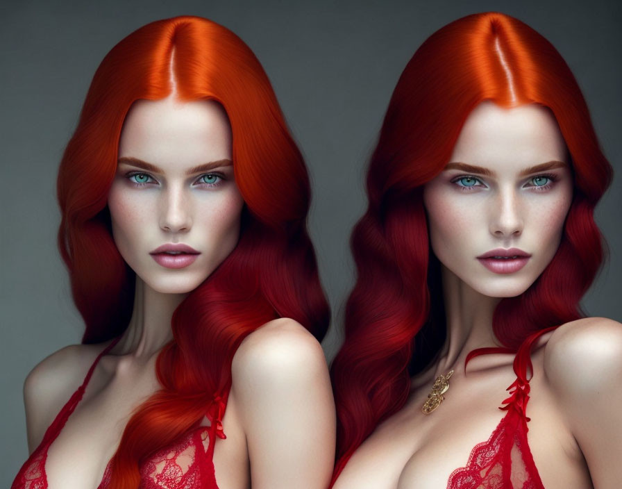 Striking Red Hair Women in Red Lace Garments Mirror Each Other