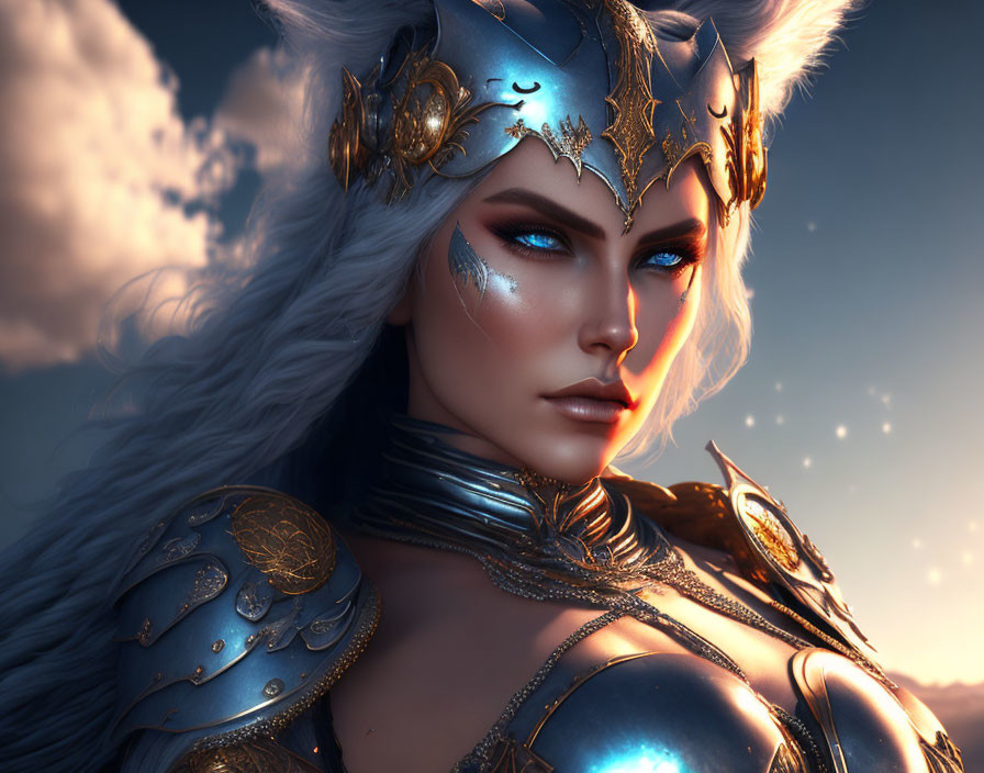 Fantasy warrior with white hair and ornate armor in dusk sky