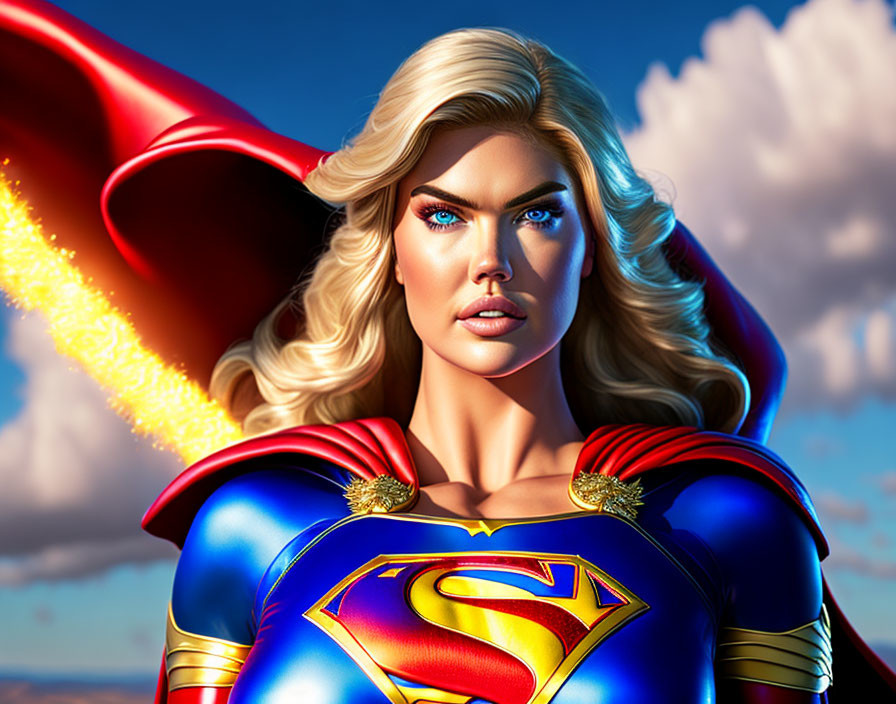 Blonde, Blue-Eyed Superheroine in Red Cape and Blue Costume