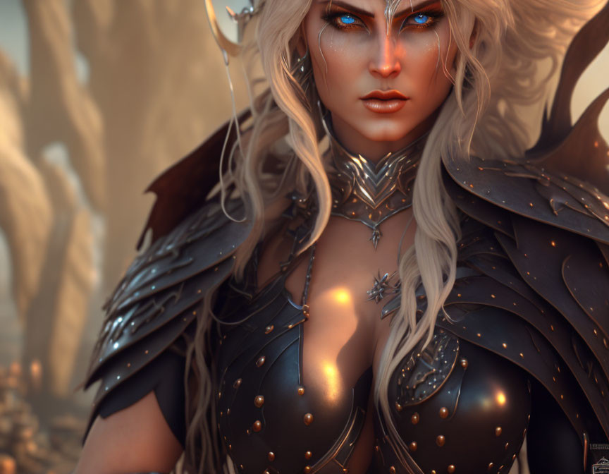 Fantasy female warrior with white hair, blue eyes, and elaborate dark armor