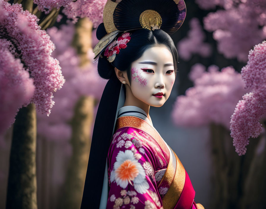 Traditional Japanese Geisha in Cherry Blossom Setting