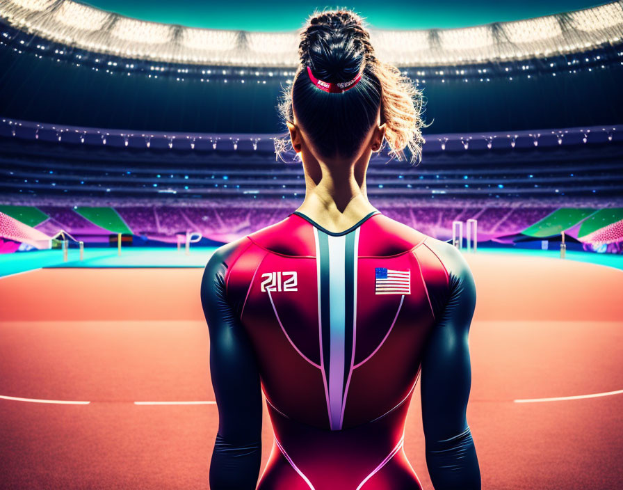 Athlete in Red and Black Bodysuit with American Flag on Stadium Track