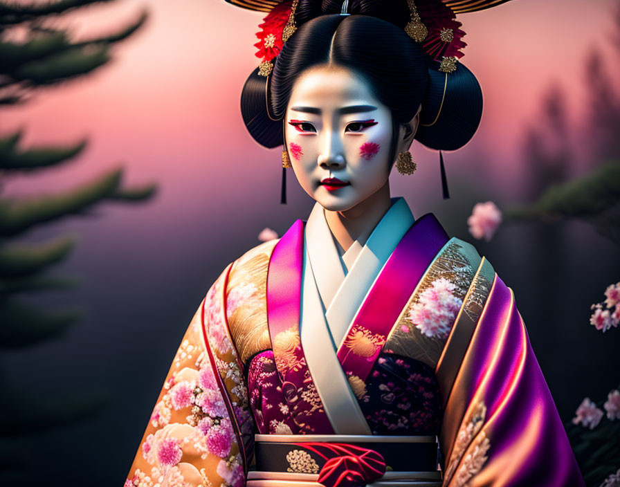 Elaborate geisha makeup and kimono in soft twilight hues