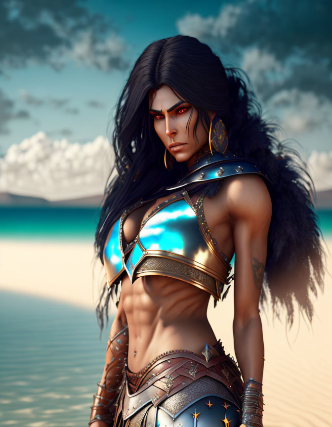 Fantasy warrior woman with black hair and red eyes on beach