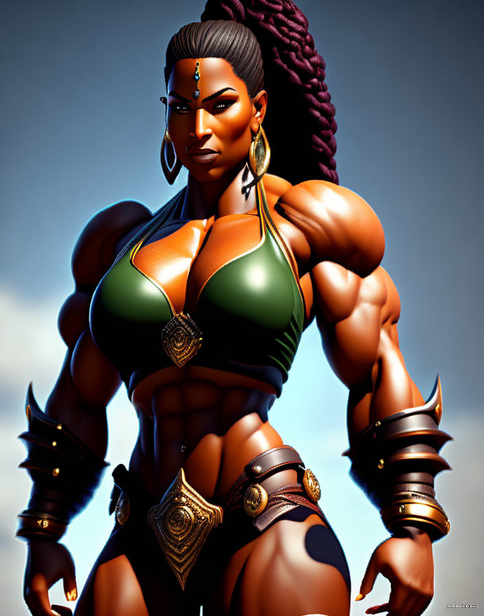 Muscular woman in fantasy armor with braided hair against blue sky