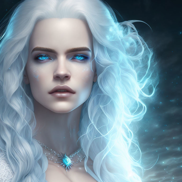 Woman with Glowing Blue Eyes and White Hair Necklace Portrait