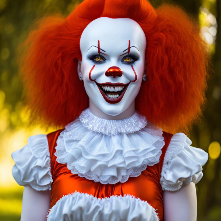 Clown costume with red hair and white face paint