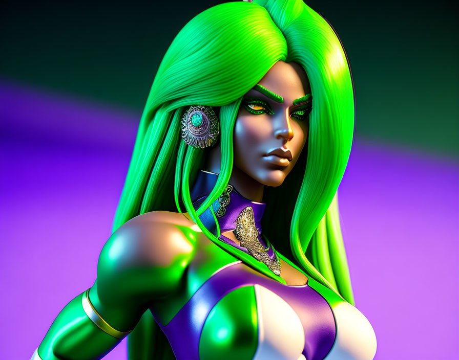 Colorful 3D illustration of female character with glowing green hair, emerald eyes, futuristic attire