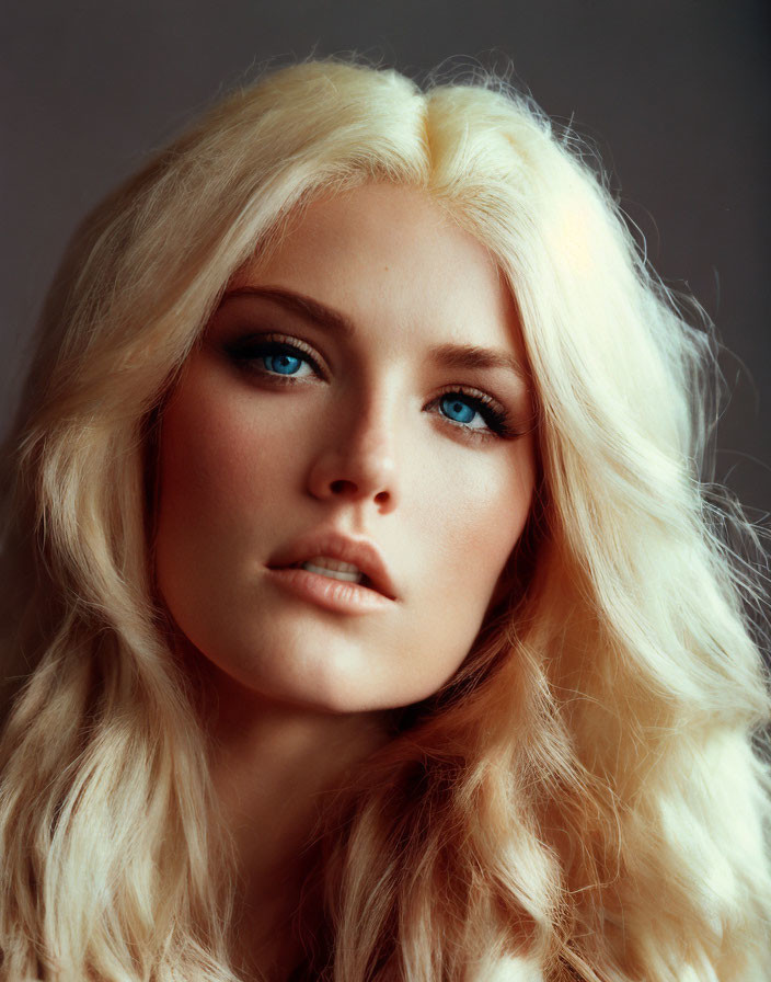 Blonde woman portrait with blue eyes and soft gaze