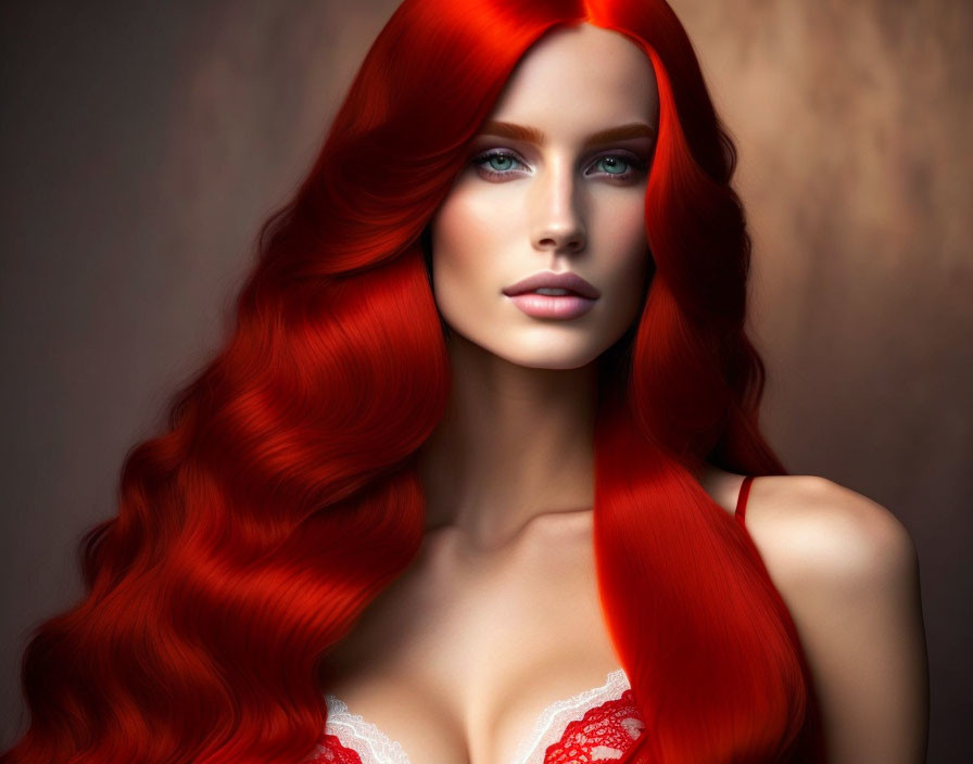 Woman with Long Red Hair and Blue Eyes in White Lace Garment