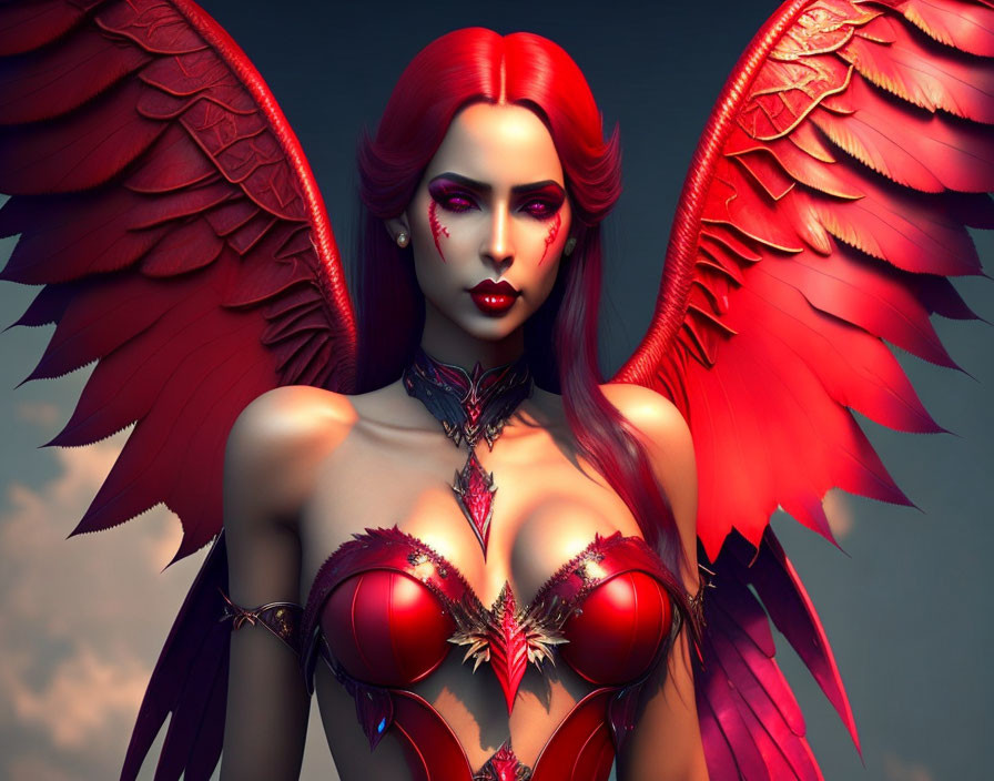 Digital Artwork: Female Figure with Red Hair and Wings in Ornate Armor