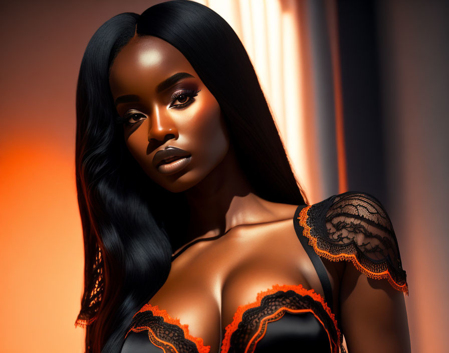 Dark-skinned woman in black and orange lace dress against orange background