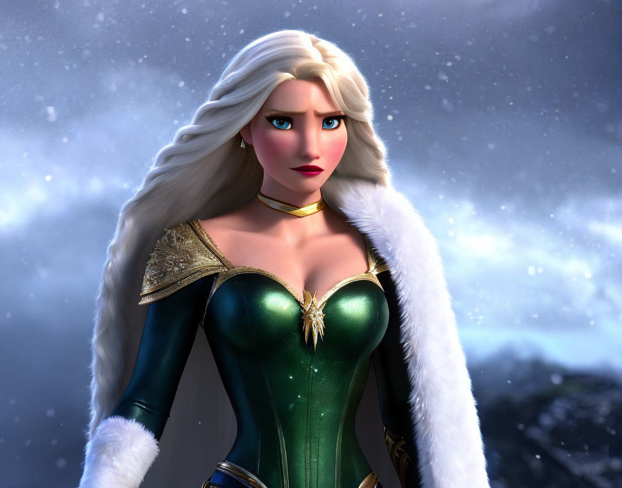 Blonde woman in green and gold costume in snowy setting