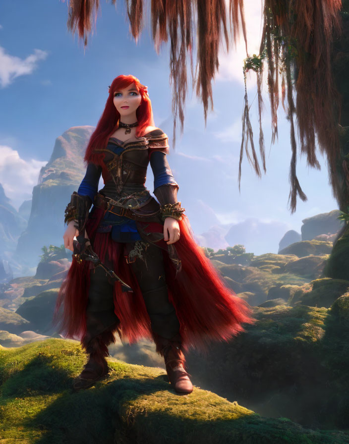 Red-haired female warrior in blue and red armor on lush green terrain